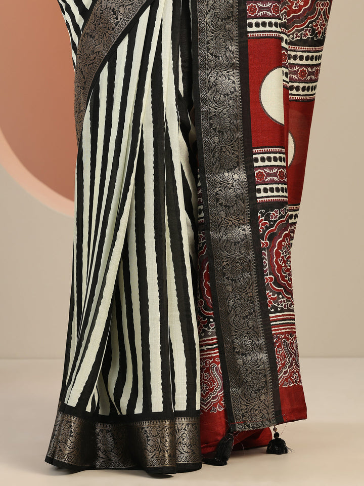 Black Printed Silk Blend Saree With Unstitched Blouse Piece