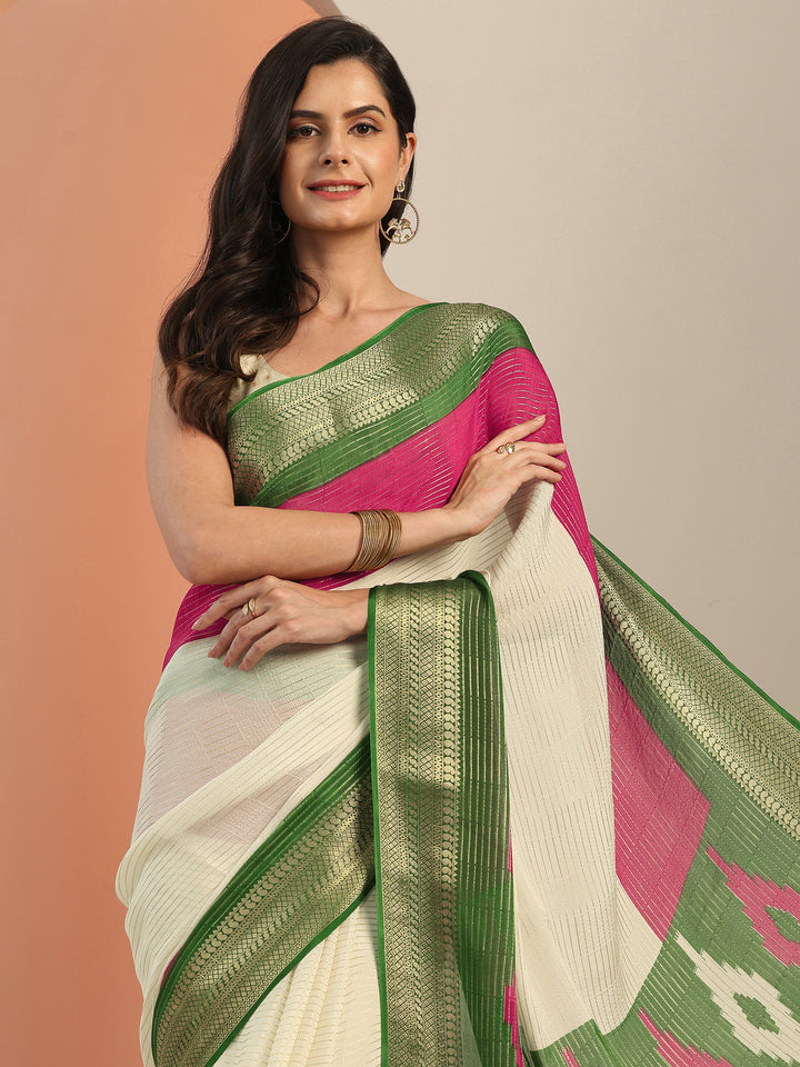 Off white Solid Silk Blend Saree With Unstitched Blouse Piece