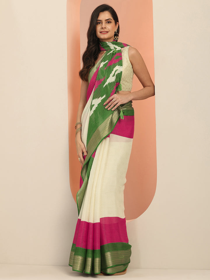 Off white Solid Silk Blend Saree With Unstitched Blouse Piece