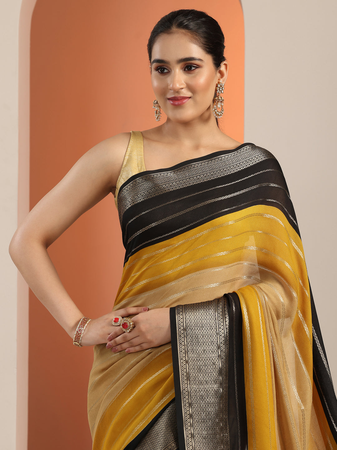 Tan Solid Silk Blend Saree With Unstitched Blouse Piece