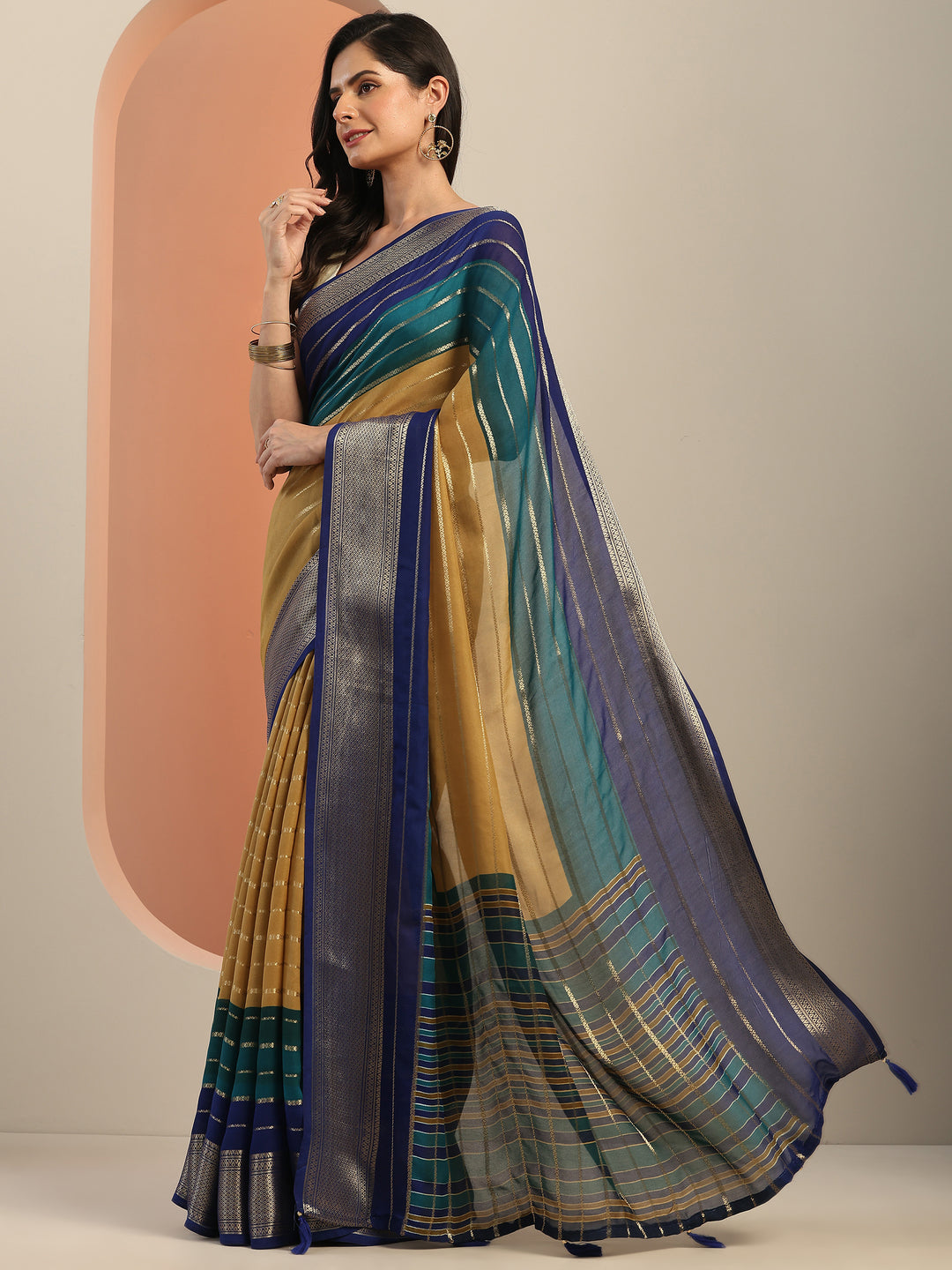 Tan Embellished Silk Blend Saree With Unstitched Blouse Piece
