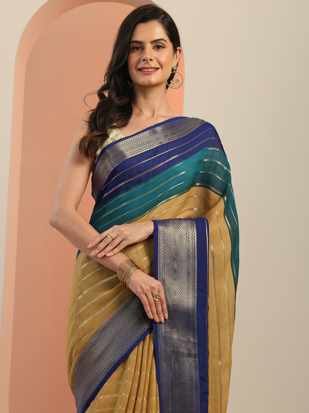 Tan Embellished Silk Blend Saree With Unstitched Blouse Piece