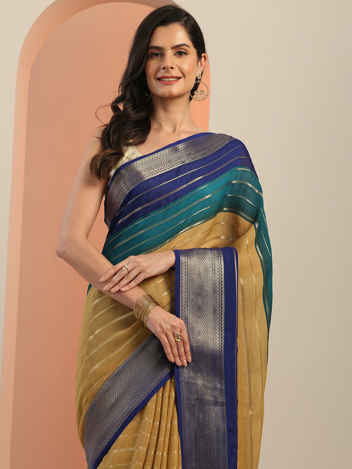 Tan Embellished Silk Blend Saree With Unstitched Blouse Piece