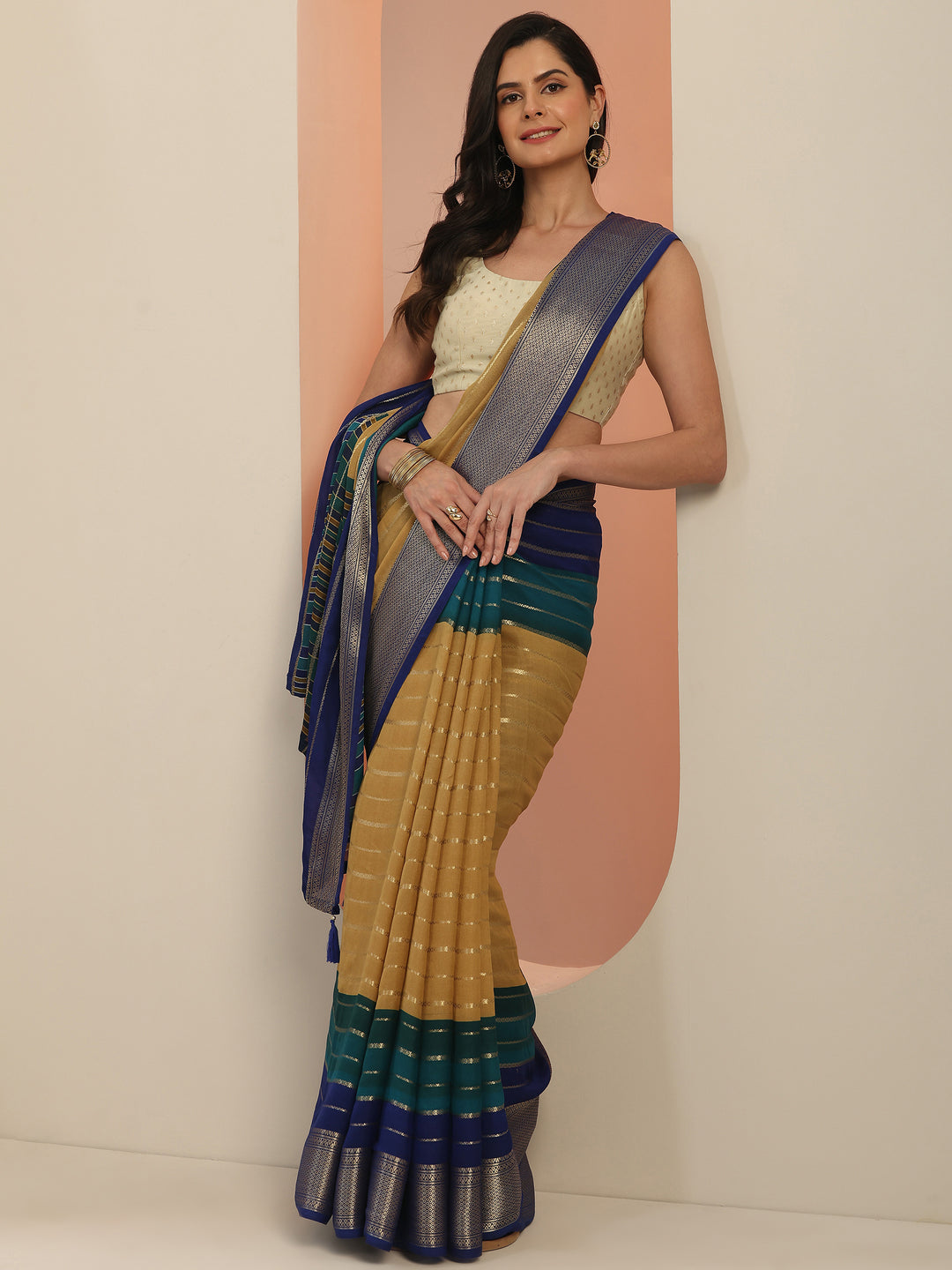 Tan Embellished Silk Blend Saree With Unstitched Blouse Piece
