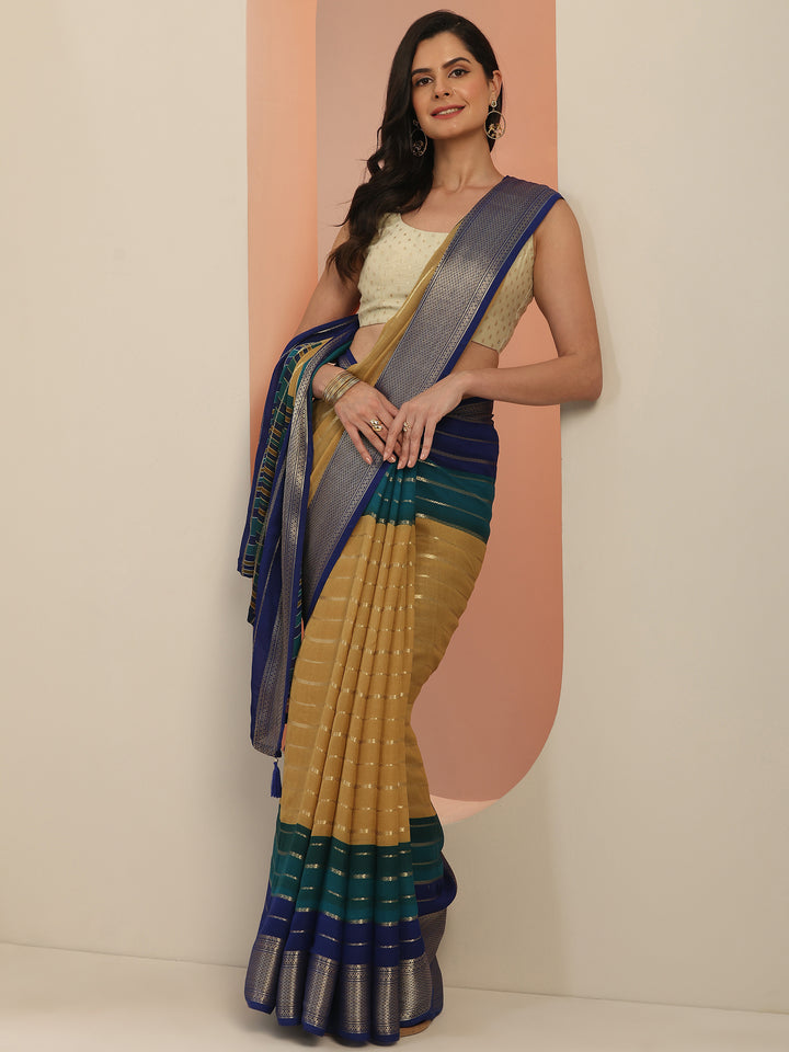 Tan Embellished Silk Blend Saree With Unstitched Blouse Piece