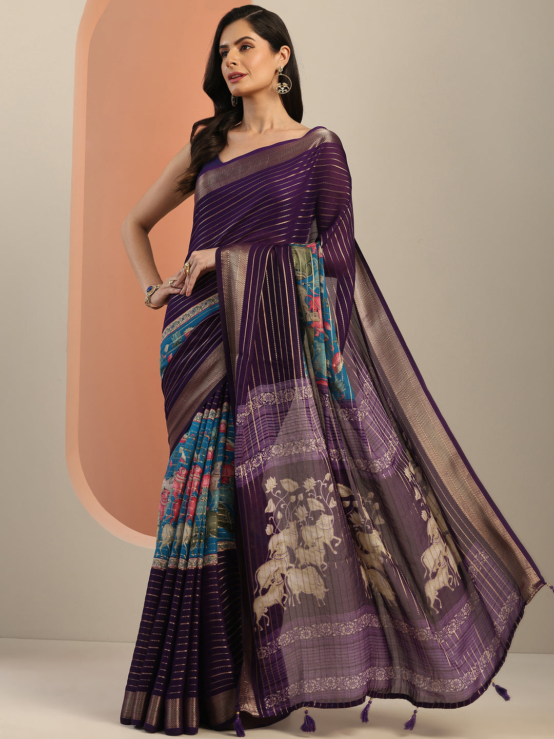 Multi Printed Silk Blend Saree With Unstitched Blouse Piece