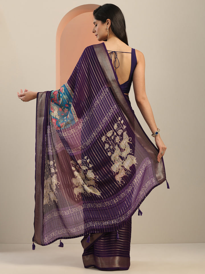 Multi Printed Silk Blend Saree With Unstitched Blouse Piece