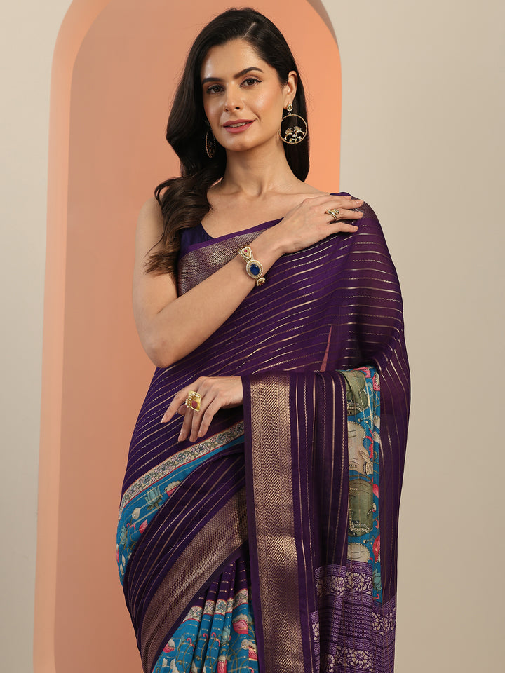 Multi Printed Silk Blend Saree With Unstitched Blouse Piece
