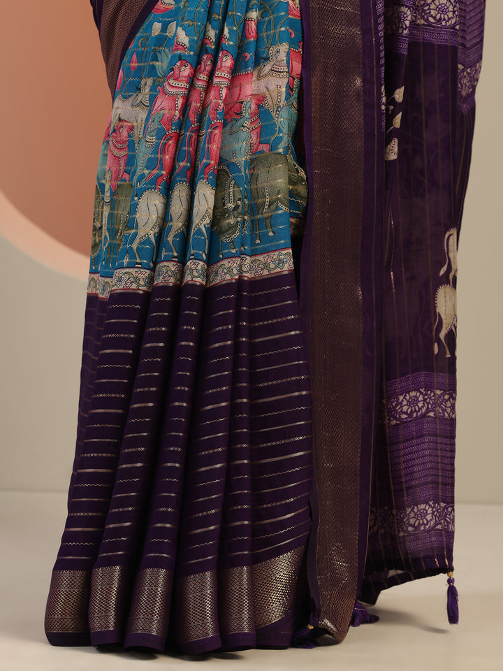 Multi Printed Silk Blend Saree With Unstitched Blouse Piece