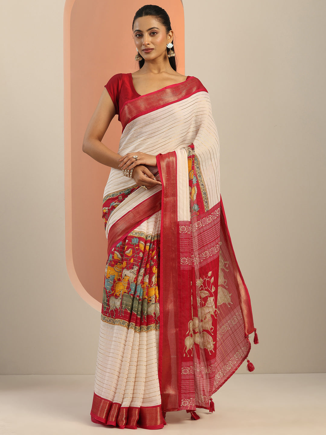 Pink Printed Silk Blend Saree With Unstitched Blouse Piece