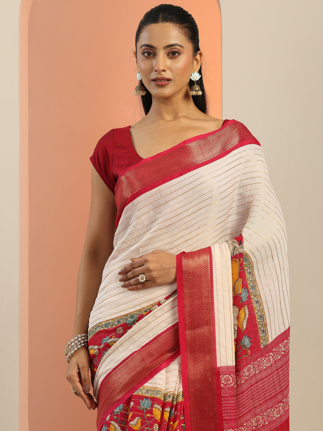 Pink Printed Silk Blend Saree With Unstitched Blouse Piece