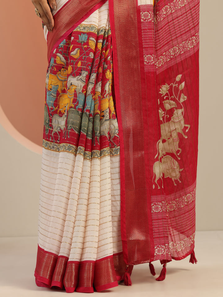 Pink Printed Silk Blend Saree With Unstitched Blouse Piece