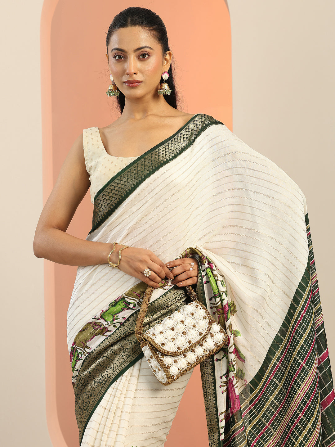 Off White Printed Silk Blend Saree With Unstitched Blouse Piece