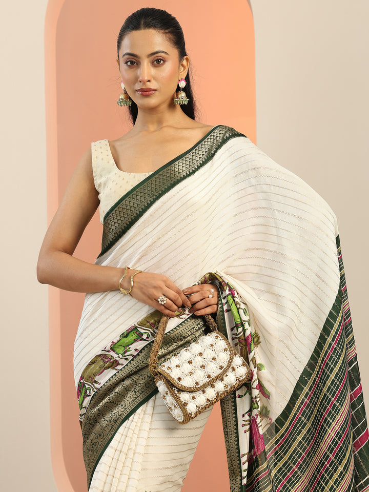 Off White Printed Silk Blend Saree With Unstitched Blouse Piece