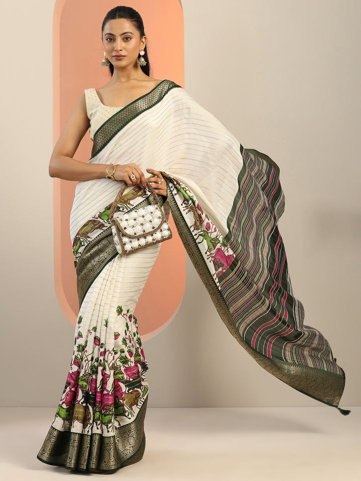 Off White Printed Silk Blend Saree With Unstitched Blouse Piece