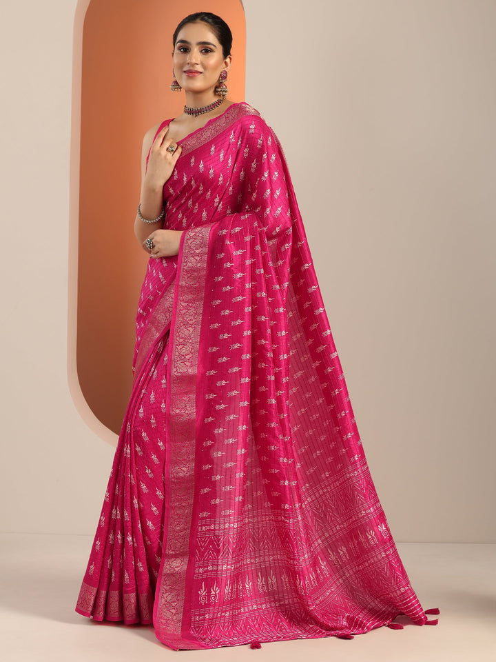Pink Printed Silk Blend Saree With Unstitched Blouse Piece