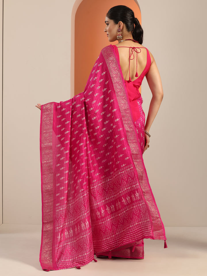 Pink Printed Silk Blend Saree With Unstitched Blouse Piece