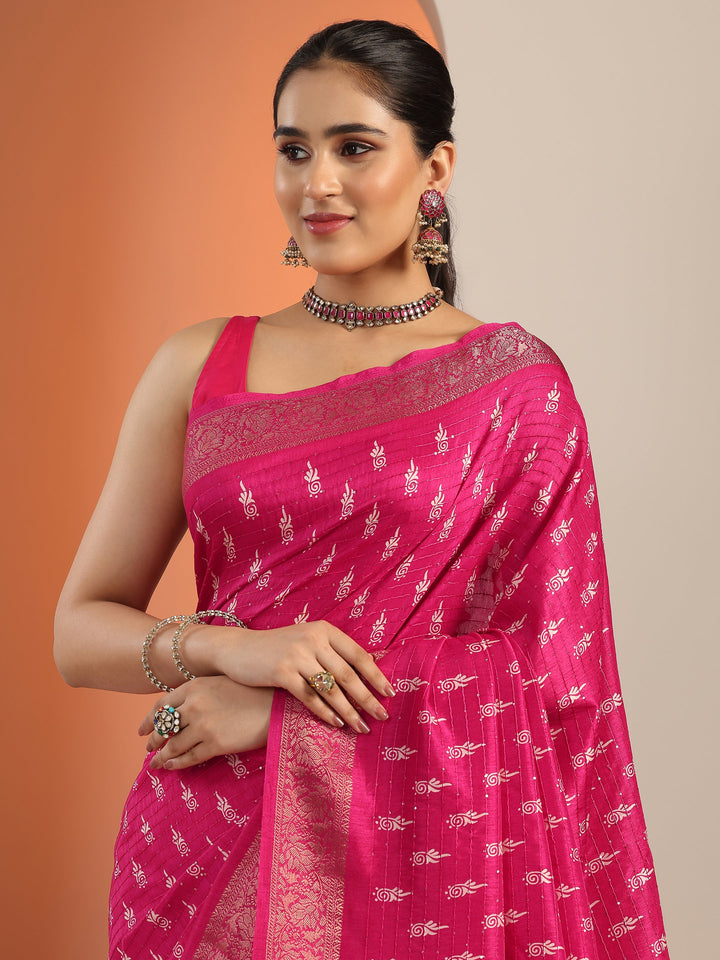 Pink Printed Silk Blend Saree With Unstitched Blouse Piece