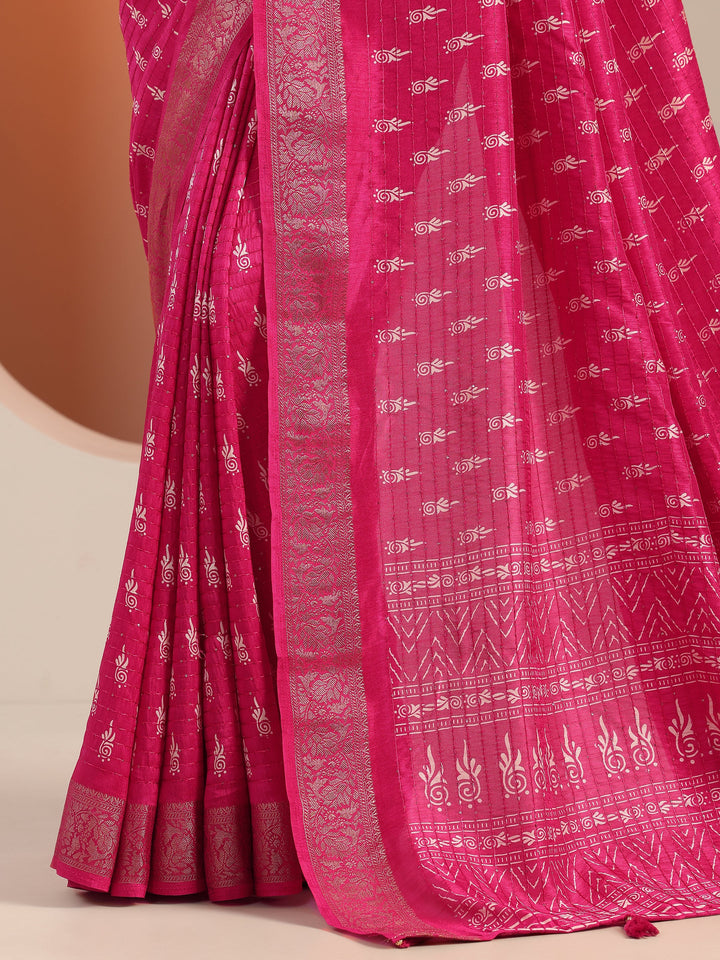Pink Printed Silk Blend Saree With Unstitched Blouse Piece