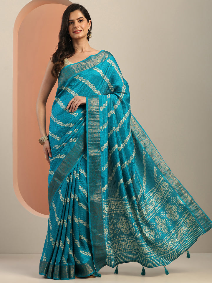 Blue Printed Silk Blend Saree With Unstitched Blouse Piece