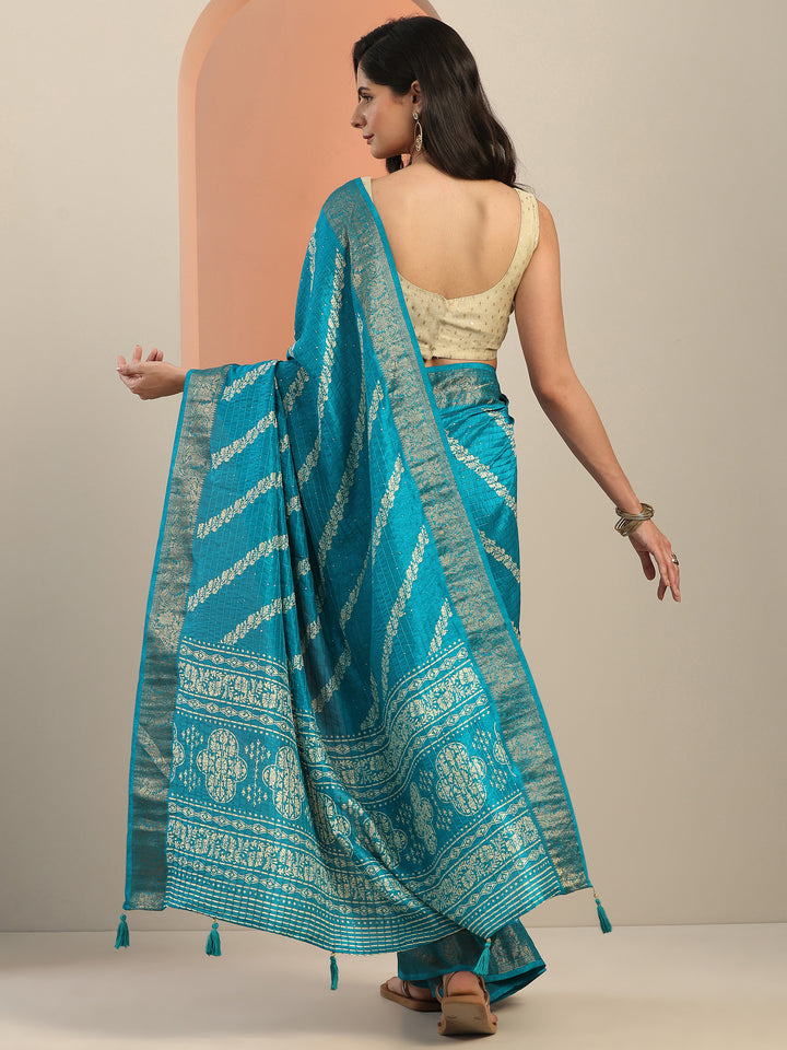 Blue Printed Silk Blend Saree With Unstitched Blouse Piece