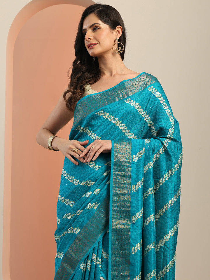 Blue Printed Silk Blend Saree With Unstitched Blouse Piece