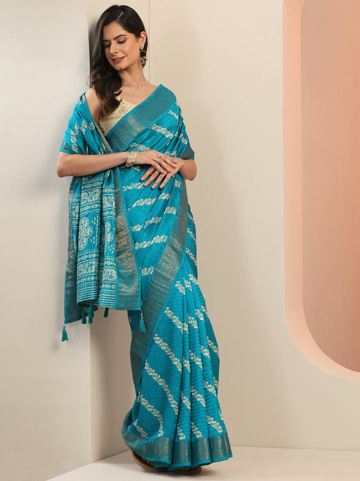 Blue Printed Silk Blend Saree With Unstitched Blouse Piece