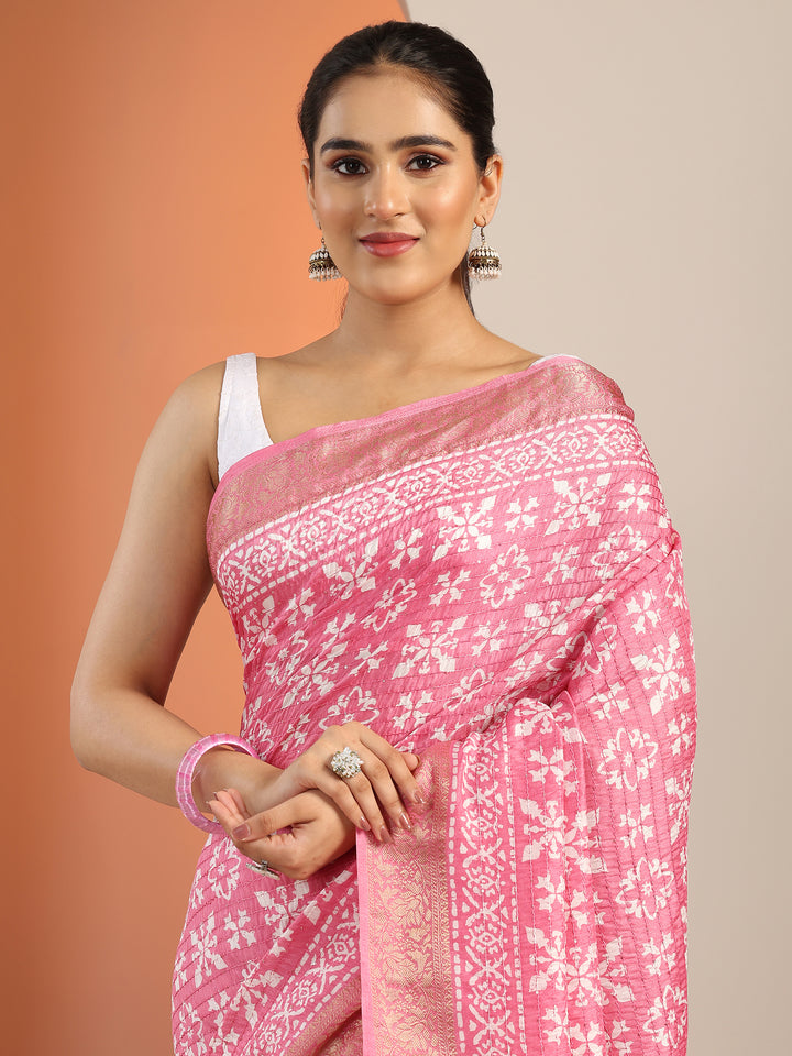 Pink Printed Silk Blend Saree With Unstitched Blouse Piece