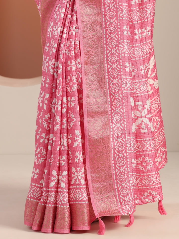 Pink Printed Silk Blend Saree With Unstitched Blouse Piece