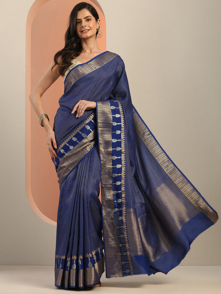 Navy Blue Embellished Silk Blend Saree With Unstitched Blouse Piece