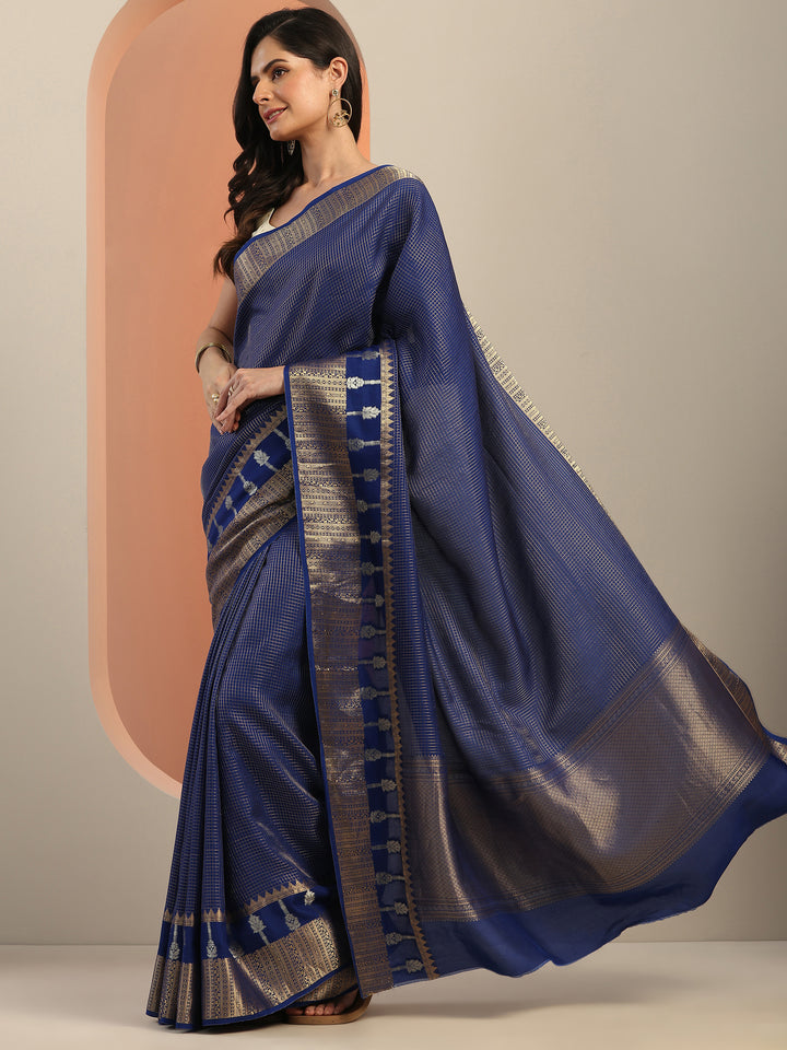 Navy Blue Embellished Silk Blend Saree With Unstitched Blouse Piece