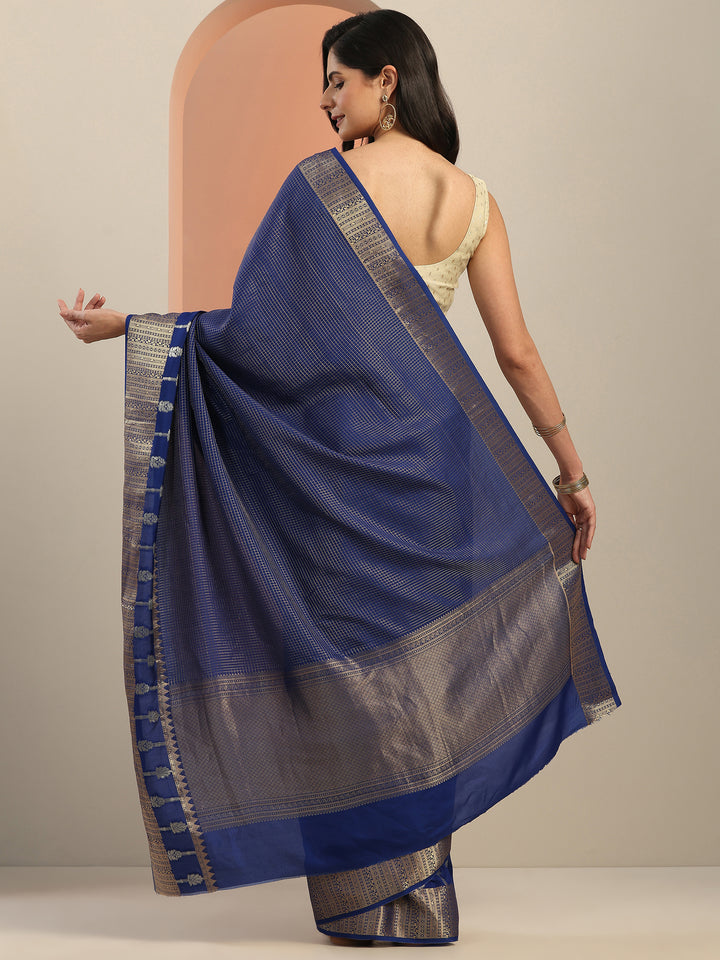 Navy Blue Embellished Silk Blend Saree With Unstitched Blouse Piece
