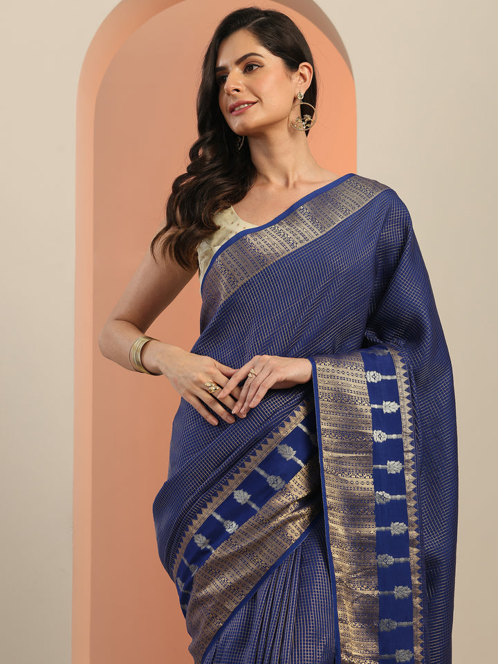 Navy Blue Embellished Silk Blend Saree With Unstitched Blouse Piece