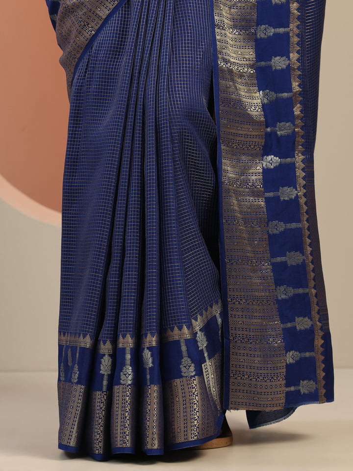 Navy Blue Embellished Silk Blend Saree With Unstitched Blouse Piece