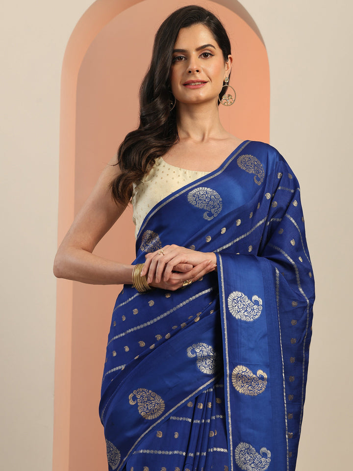 Navy blue Woven Design Silk Blend Saree With Unstitched Blouse Piece