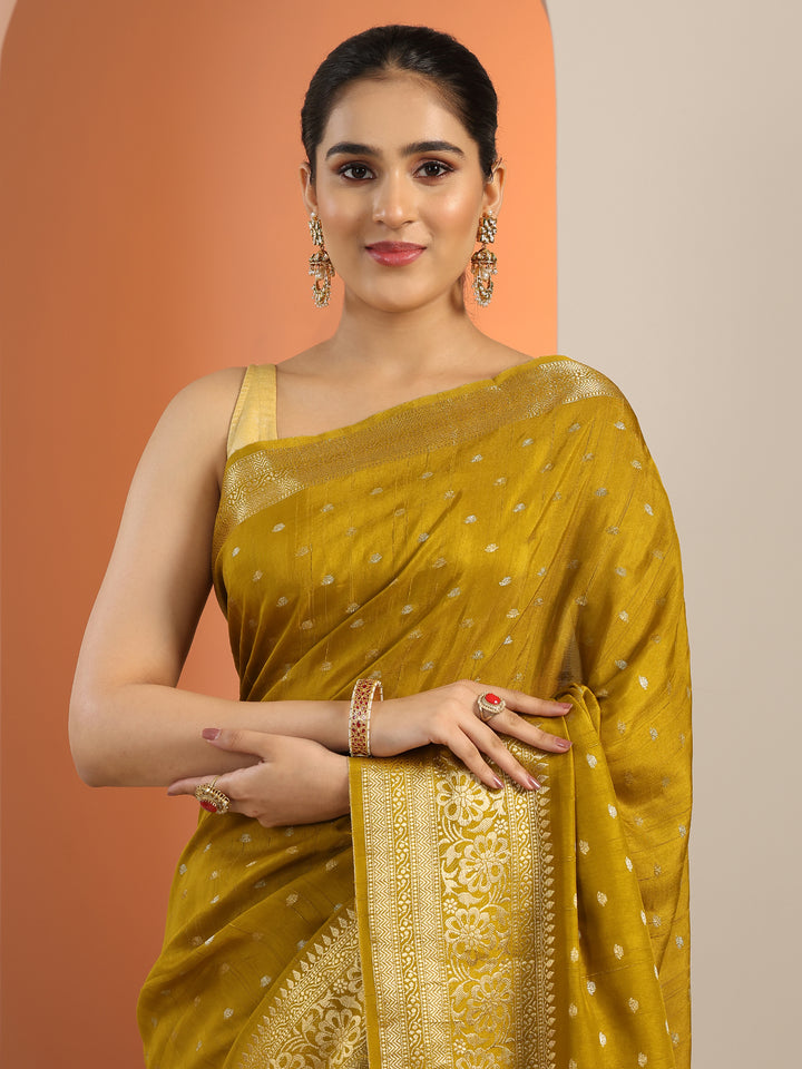 Olive Woven Design Silk Blend Saree With Unstitched Blouse Piece