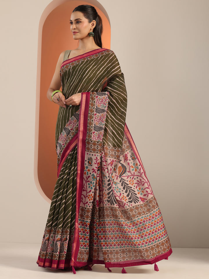Olive Printed Cotton Blend Saree With Unstitched Blouse Piece