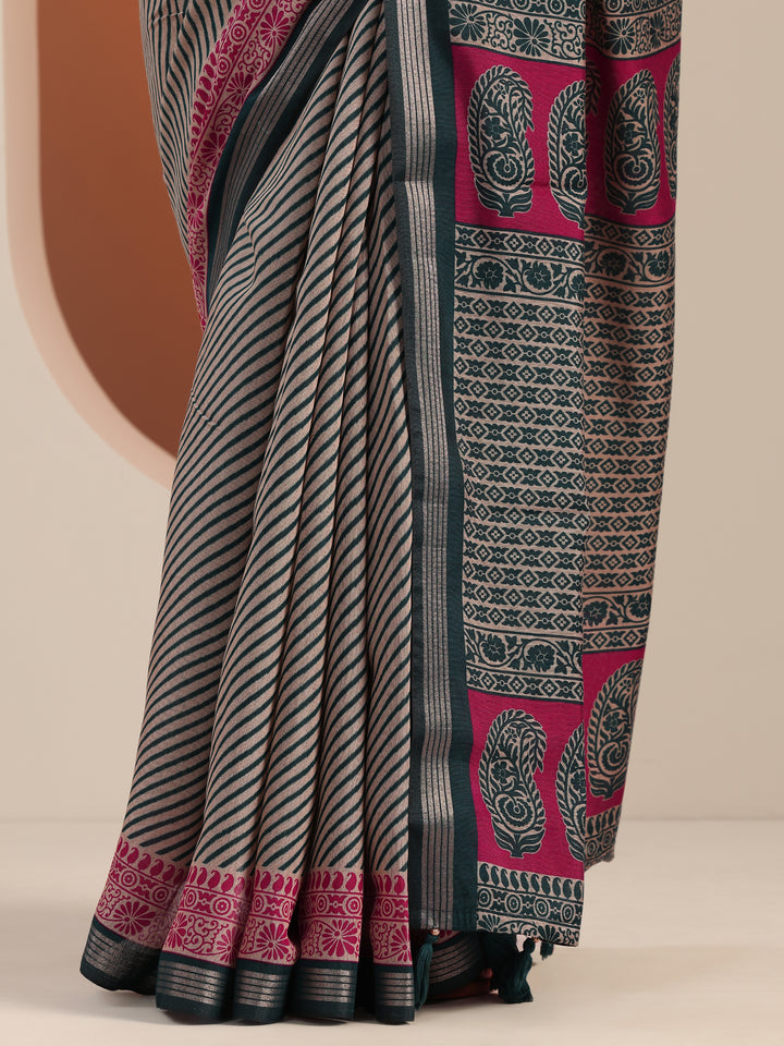Teal Printed Cotton Blend Saree With Unstitched Blouse Piece