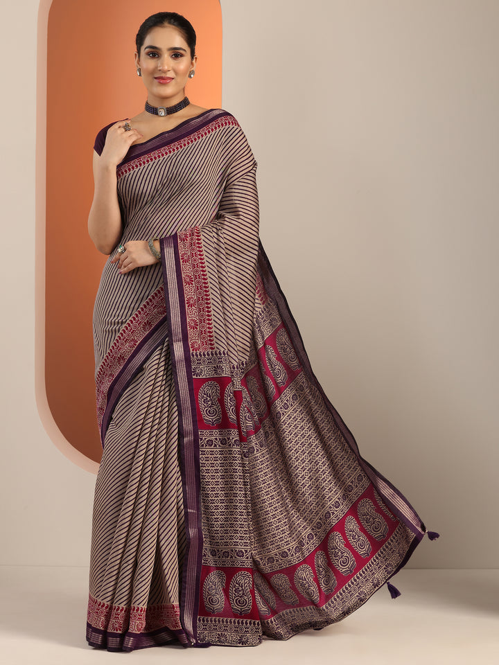 Purple Printed Cotton Blend Saree With Unstitched Blouse Piece
