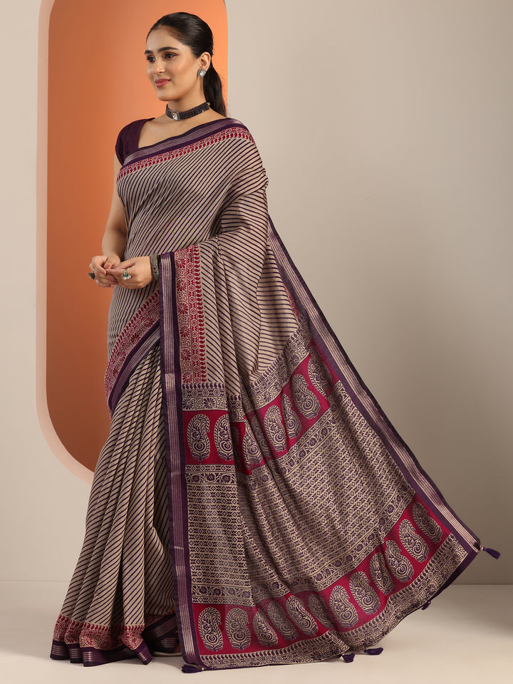 Purple Printed Cotton Blend Saree With Unstitched Blouse Piece