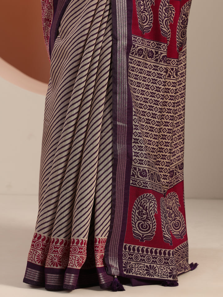Purple Printed Cotton Blend Saree With Unstitched Blouse Piece