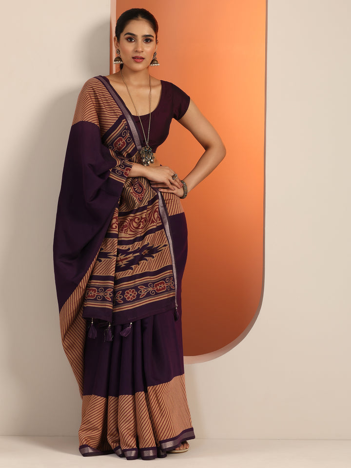 Purple Solid Cotton Blend Saree With Unstitched Blouse Piece