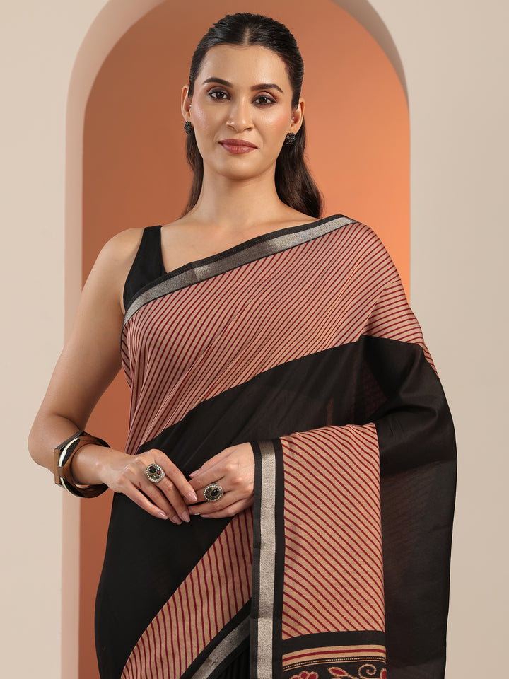 Black Solid Cotton Blend Saree With Unstitched Blouse Piece