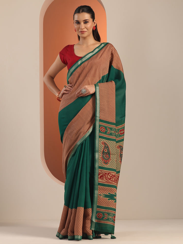Green Solid Cotton Blend Saree With Unstitched Blouse Piece