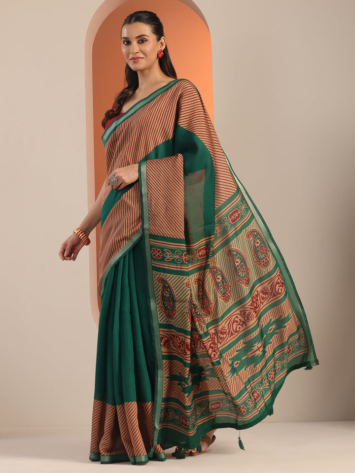 Green Solid Cotton Blend Saree With Unstitched Blouse Piece