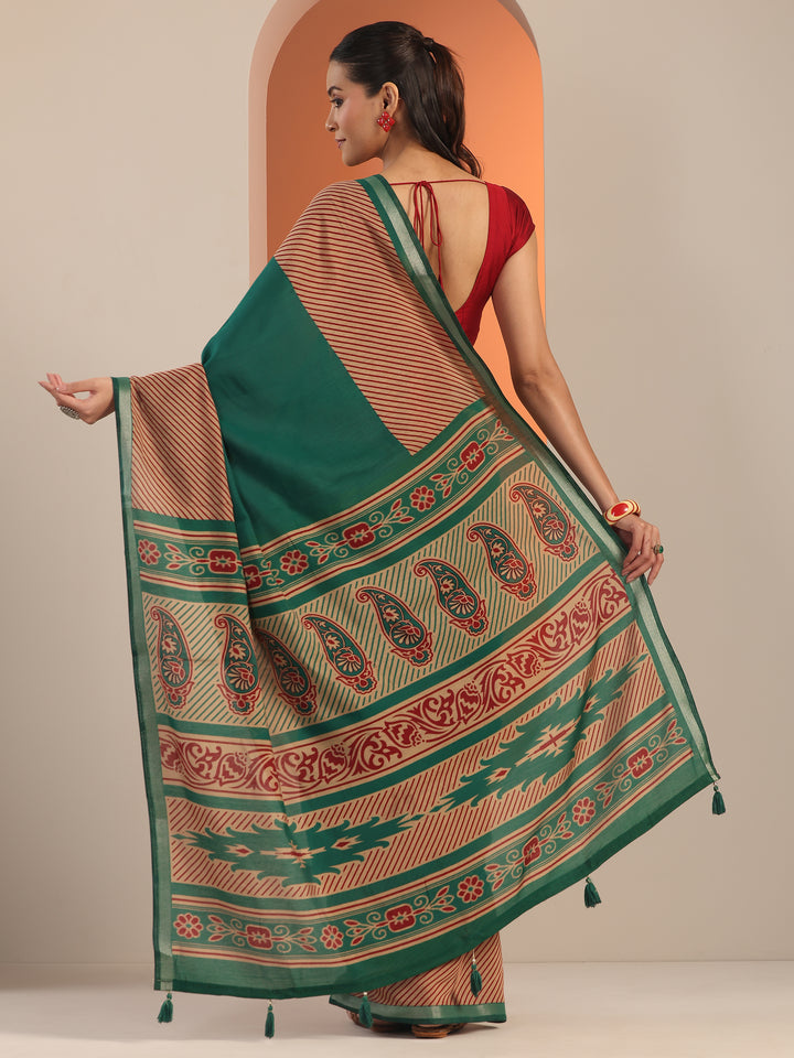 Green Solid Cotton Blend Saree With Unstitched Blouse Piece