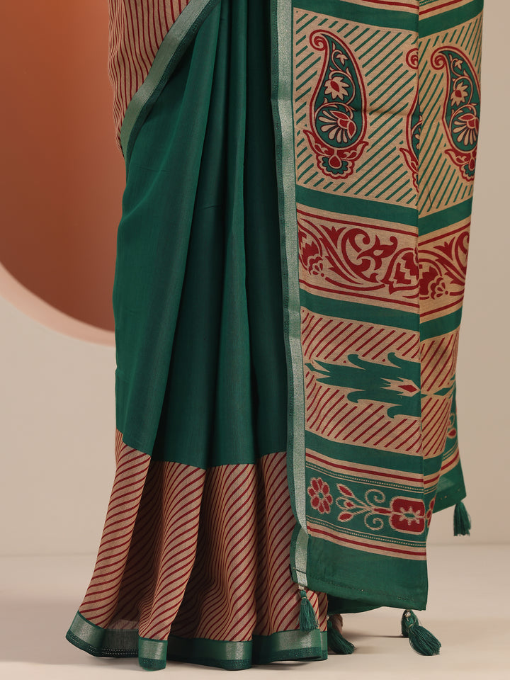 Green Solid Cotton Blend Saree With Unstitched Blouse Piece