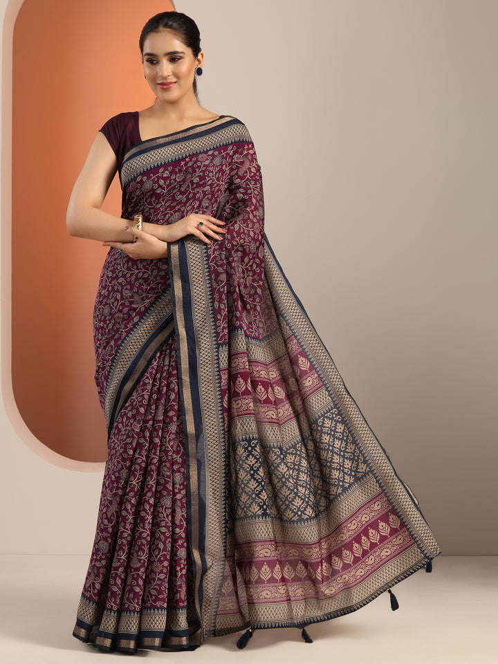 Purple Printed Cotton Blend Saree With Unstitched Blouse Piece