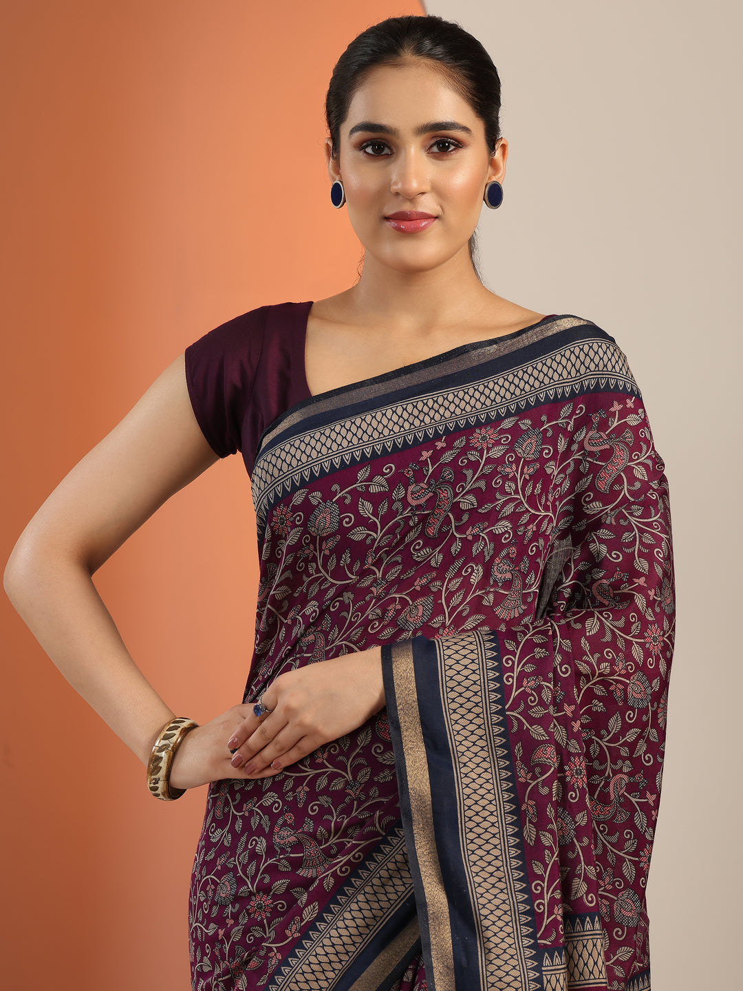 Purple Printed Cotton Blend Saree With Unstitched Blouse Piece