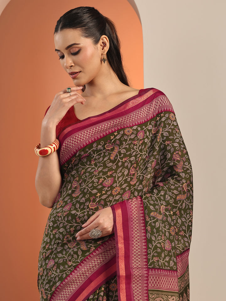 Green Printed Cotton Blend Saree With Unstitched Blouse Piece